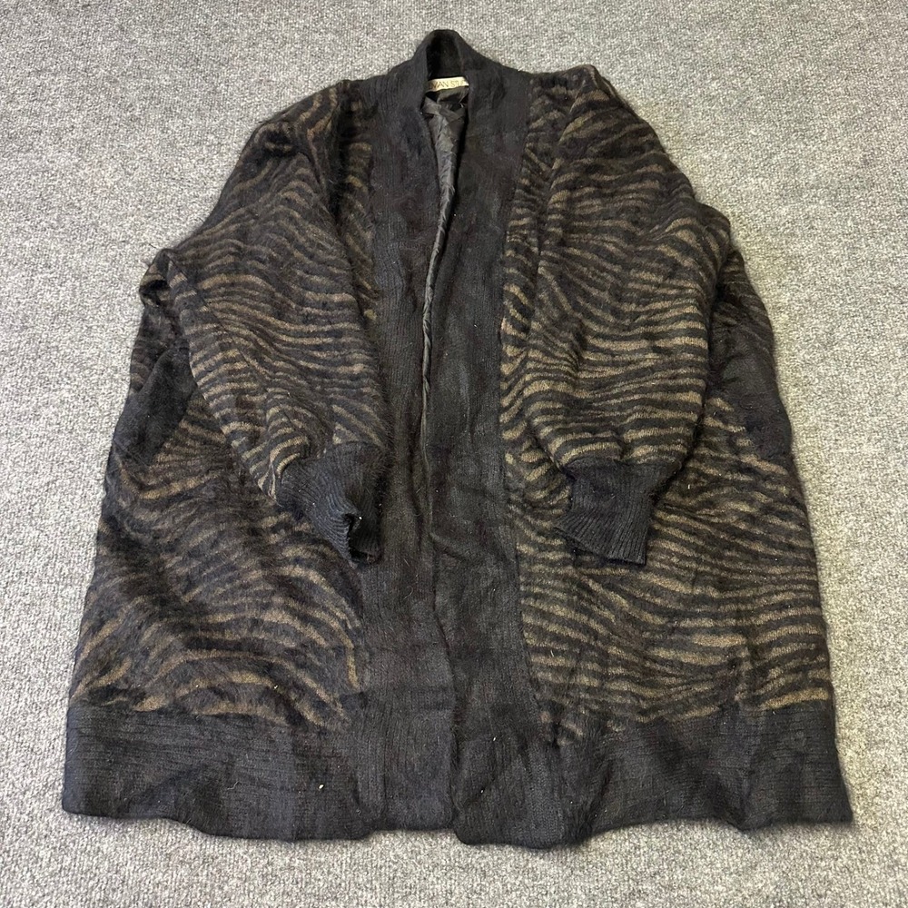 Stillman Studio Cardigan Womens Size XL Black Brown Tiger Stripe Fuzzy Knit Open